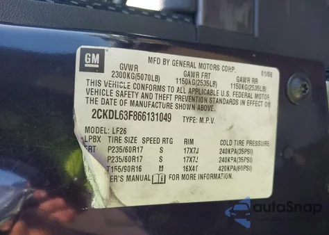 2006 Pontiac Torrent из США, поврежденный, VIN 2CKDL63F866131049